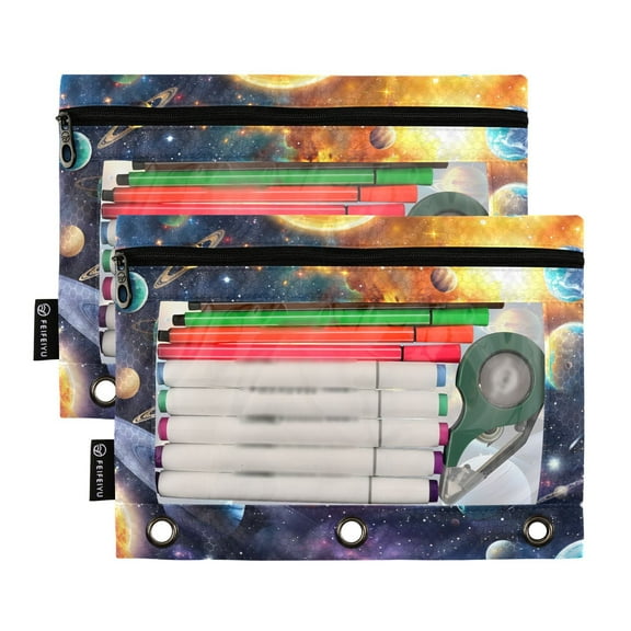 Ckdifva Milky Way Pencil Pouch 3 Ring Zipper Pencil Case Binder Pockets Clear Top Cosmetic Bag 2 Pack