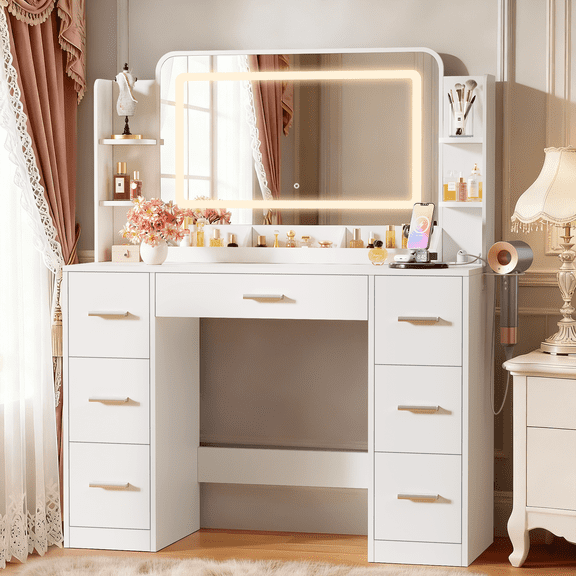 Furmax Makeup Vanity Desk with LED Mirror, Modern Vanity Table Set with Storage & Power Outlet for Bedroom & Dressing Room, White