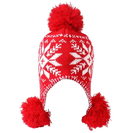 Fancy Double Leaf Knob - Women's Knit Double Layer Pompom Beanie with Ear Flaps Red Maple Leaf