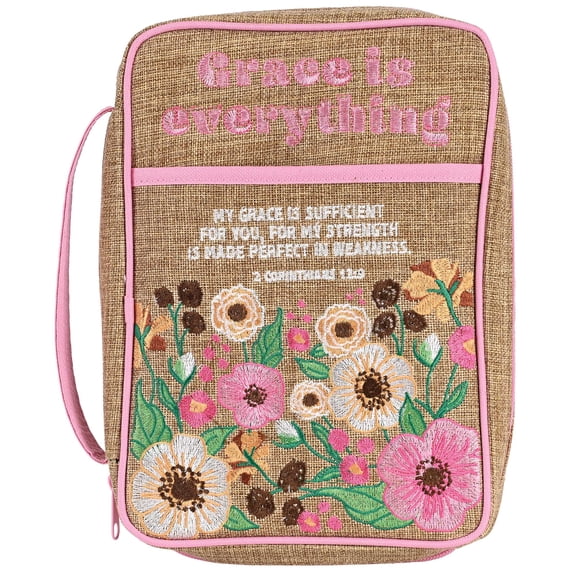 Dicksons Decorative Zippered Women's Bible Cover, Book Case With Carry Handle for Church Travel, Large 10.75 x 8 Inch Denier Polyester Embroidered Floral Grace Is Everything
