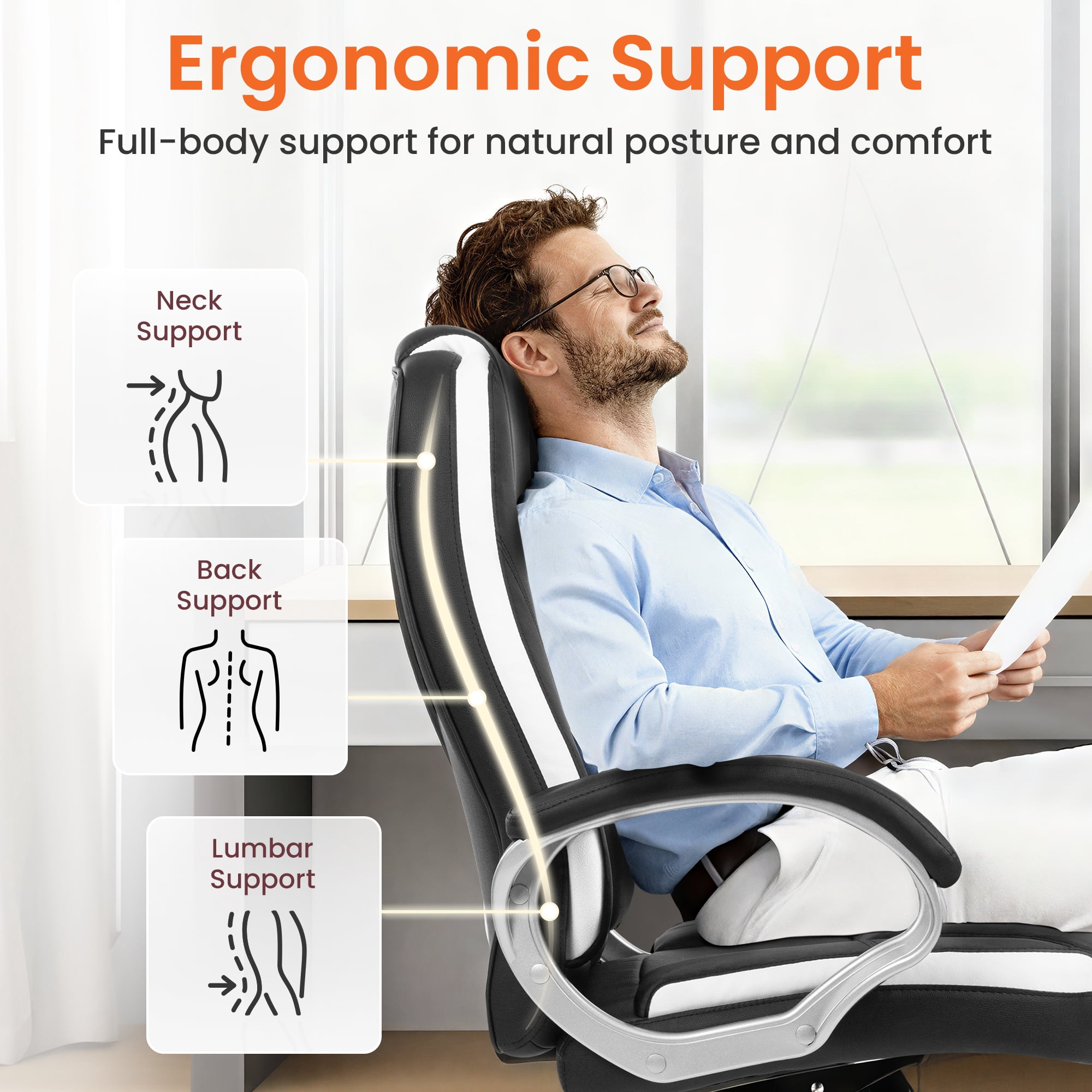 NEO CHAIR Home Office Chair, Heavy Duty Leather Office Chair, Ergonomic High Back Cushion Lumbar Back Support, Computer Desk Executive Chair for Work, 8 Hours Comfort, Black