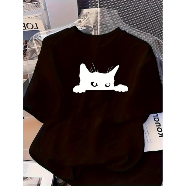 Korean Simple Cat Peeking Design Print T-Shirt, Loose Fit, Slimming, Short Sleeve, Sporty Top for Summer