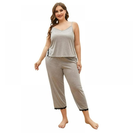 

Linen Purity Women Pajamas Set V-neck Lace Trim Cami Top And Capris Pants Set Loose Sleep Shirts Loungewear Sleepwear
