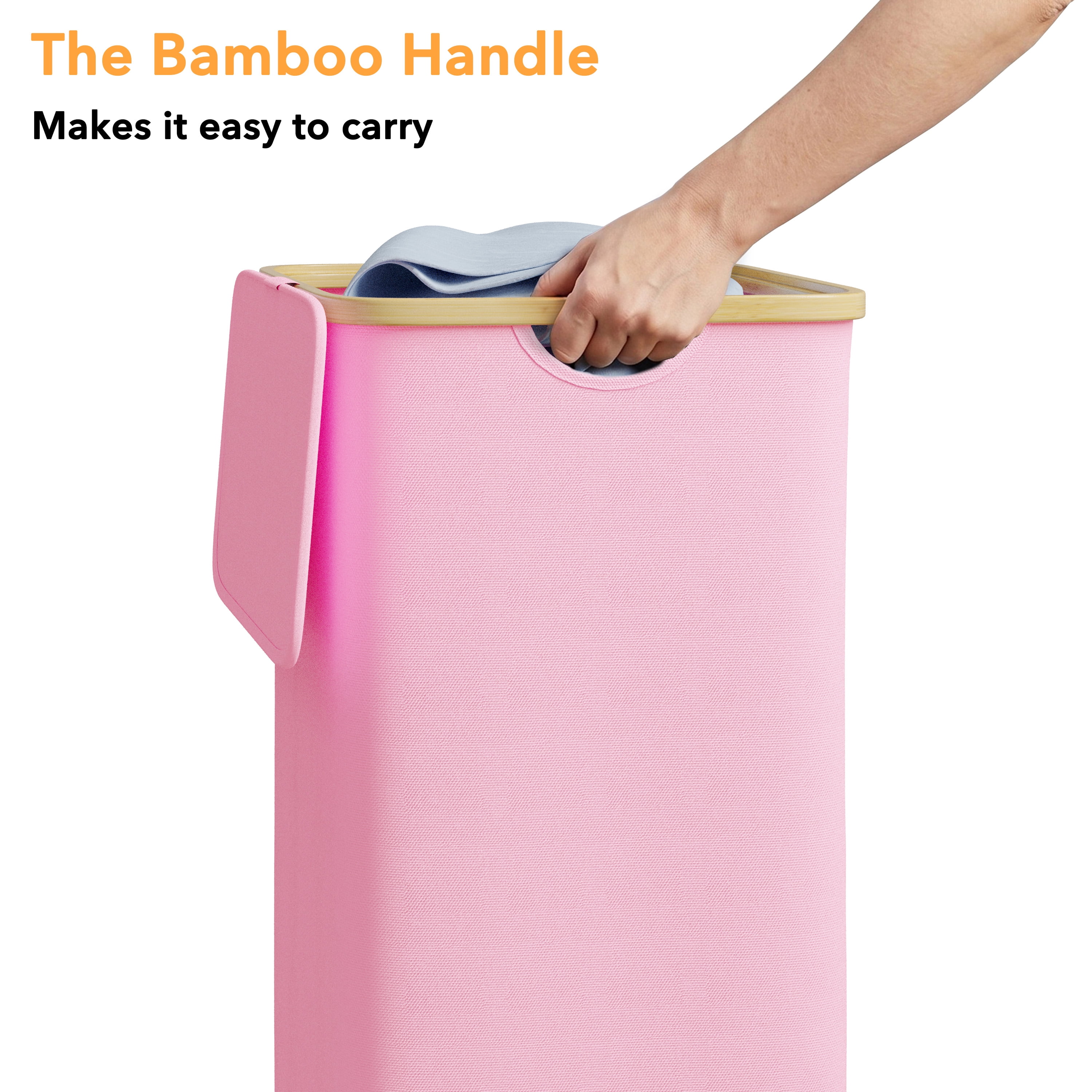PLUMEBAY 110L Laundry Hamper with Lid, Large Foldable Clothes Basket with Bamboo Handles, Tall Fabric Hamper for Bedroom, Bathroom, Dorm, Pink