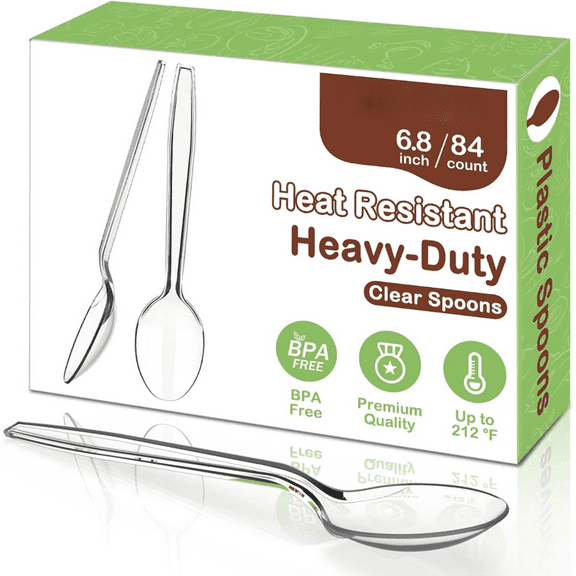 6.8" Clear Plastic Spoons Heavy Duty with Heat Resistant & BPA Free, Solid and Durable Plastic Cutlery, Premium Disposable Spoons for Party Supply(84 Count)