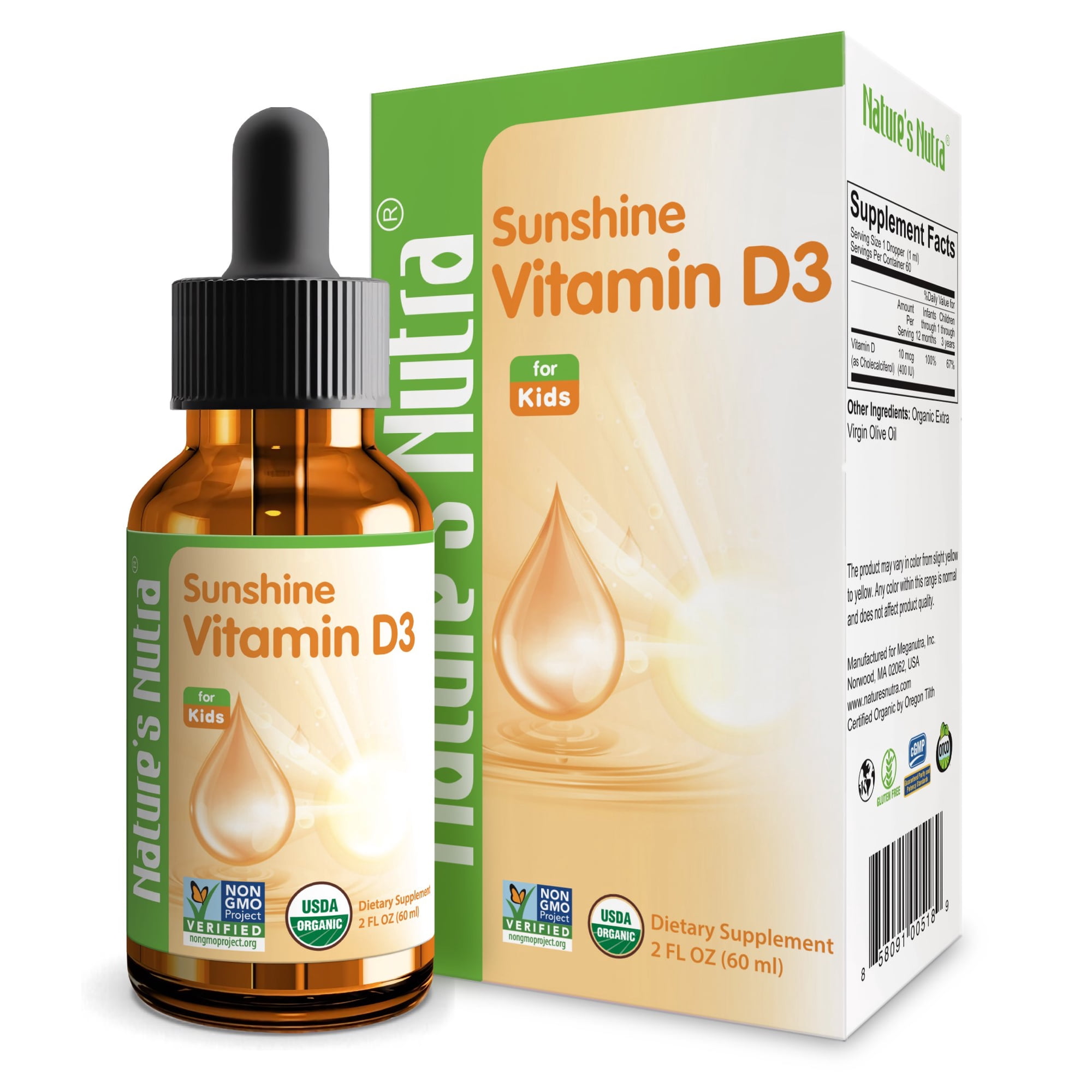 Nature's Nutra Sunshine Vitamin D3, 400 IU, Premium Liquid for Baby, Infant, Kids and Children, NON-GMO, 2 Fl Oz (60ml)