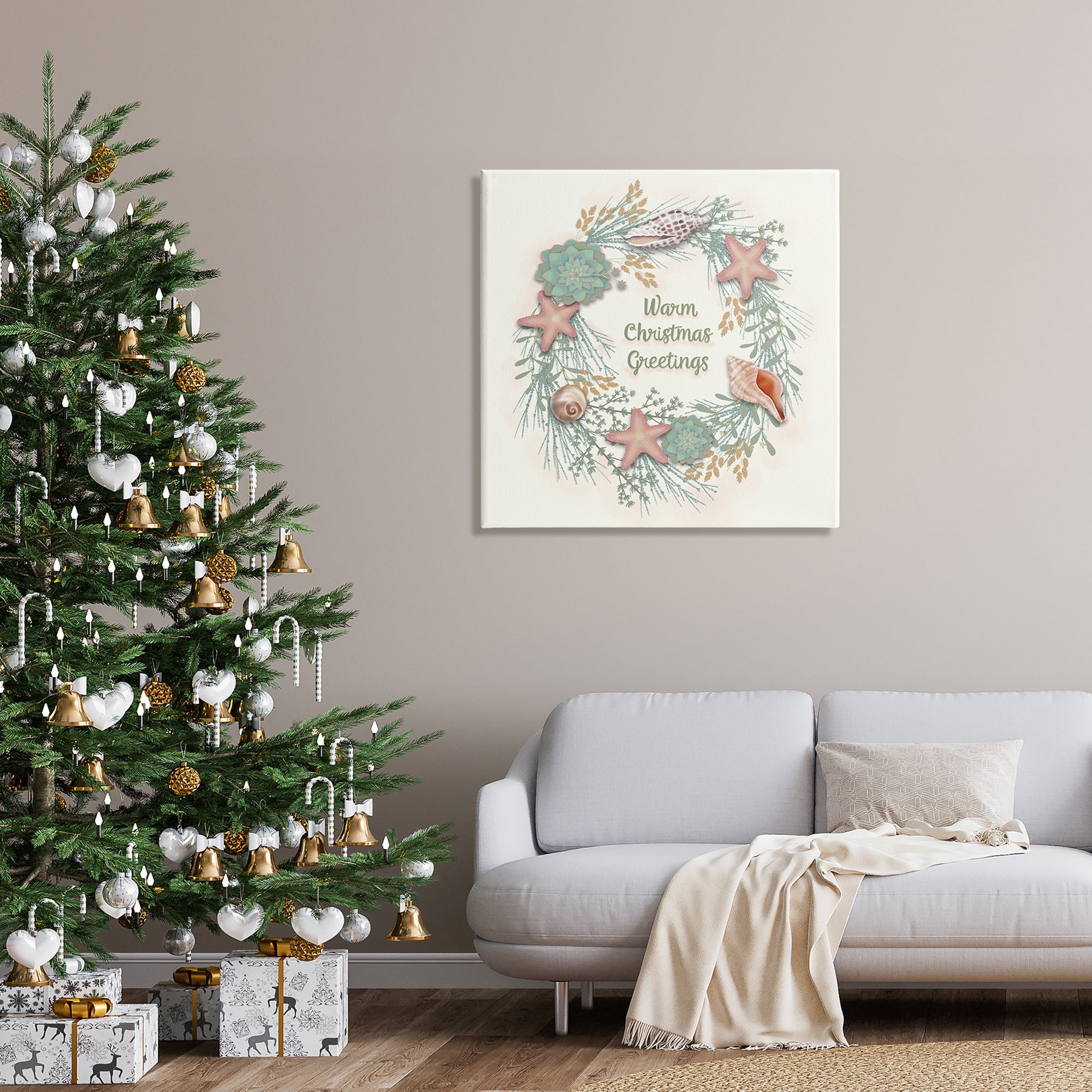 Warm Christmas Greetings Beach Shells Themed Wreath Coastal Graphic Art Gallery-Wrapped Canvas Print Wall Art