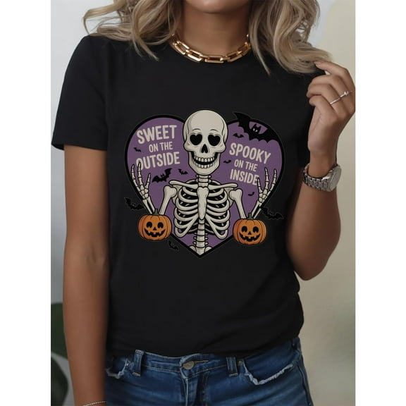 Halloween Womens Sweet Spooky Graphic Tee T Shirt Tops Short Sleeve Round Neck Black S-5XL