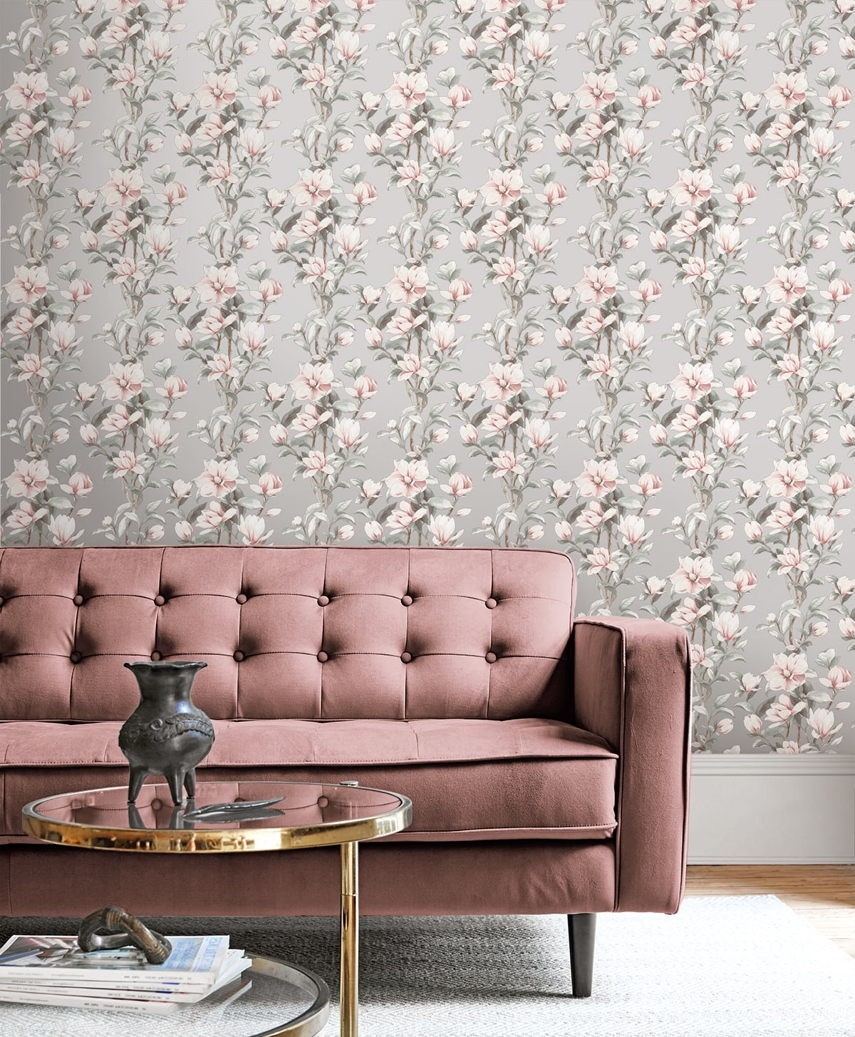 NextWall Metallic Silver & Petal Pink Magnolia Trail Peel and Stick Wallpaper