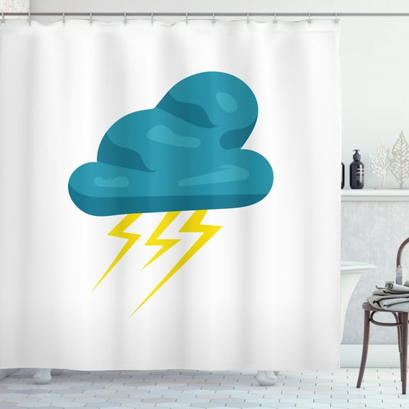 Teal and Yellow Shower Curtain, Cloud with Thunderbolts Icon Cartoon Style Meteorology Climate Theme, Fabric Bathroom Set with Hooks, 69W X 70L Inches, Teal and Yellow, by Ambesonne