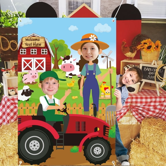 Farm Animal Face Frame Cutout Poster, Photo Booth Standee Banner for Farm Theme Party Decor, Birthday Background