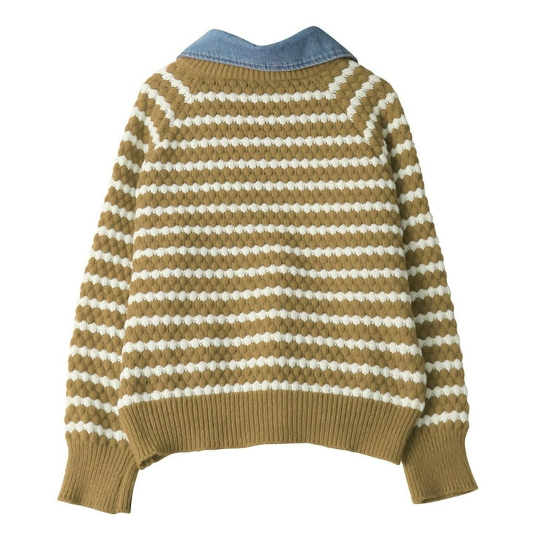 Womens Striped Sweater Knit Lapel Collar Long Sleeve Layered Pull