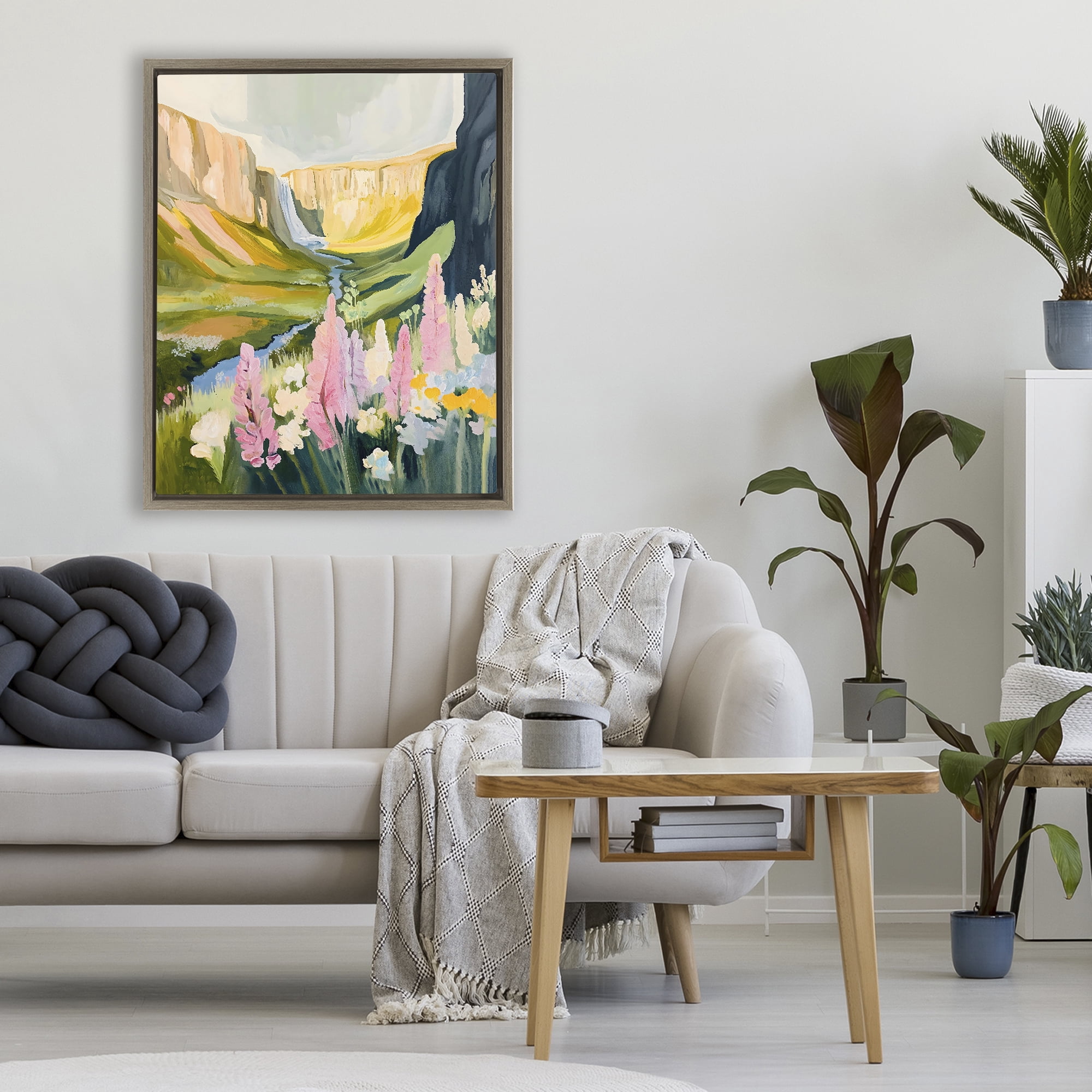 Stupell Industries Waterfall and Valley in Bloom Brown Framed Floater Canvas Wall Art, design by The Prints Vibe