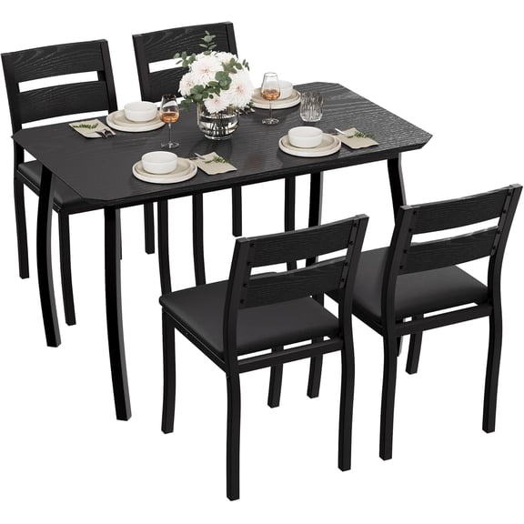 Dining Table Set for 4, 5 Piece Metal Frame Kitchen Table and Chair Set, Chamfer Design Space-Saving Dining Room Furniture for Small Spaces, Apartment, Studio, Breakfast Nooks, Black