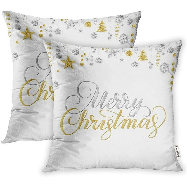 20x20 Inch Decorative Set of 2 Throw Pillow Cover Merry Christmas Lettering On White Holiday Sparkling Gold and Silver Border Hanging Square Home Cushion Sofa Two Sides Pillow Case
