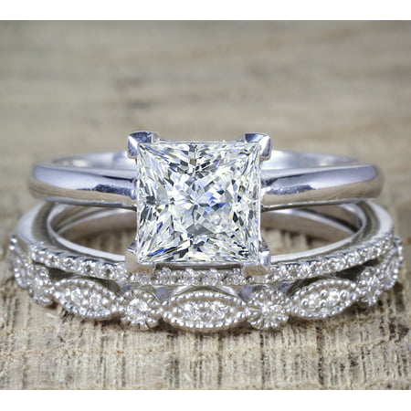 2 Carat Princess Wedding Ring Set - Bridal Set - Wedding Trio Set - Engagement Ring - Art Deco Ring - Promise Ring - Sterling