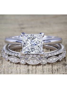 2 Carat Princess Wedding Ring Set - Bridal Set - Wedding Trio Set - Engagement Ring - Art Deco Ring - Promise Ring - Sterling Silver