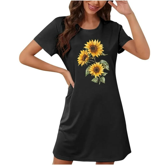 Sakmal Black Moomoo House Dress for Women Lightweight Short Sleepwear Short Sleeve Sunfloral Nightgowns for Women