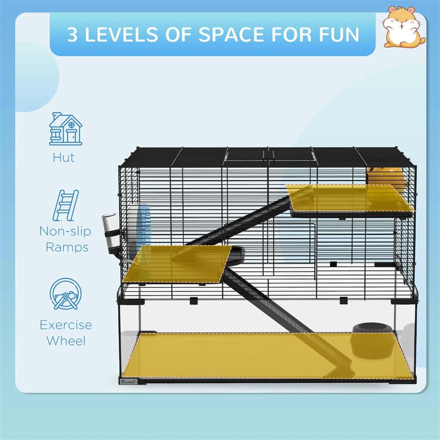 Kadyn 31" Hamster Cage, Gerbil Cage with Glass Basin for Small Hamsters, 3 Levels Small Animal Habitats, Black