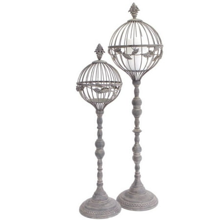 UPC 257554117627 product image for Set of 2 Distressed Finish Dome Pillar Candle Holders with Leaf Design | upcitemdb.com
