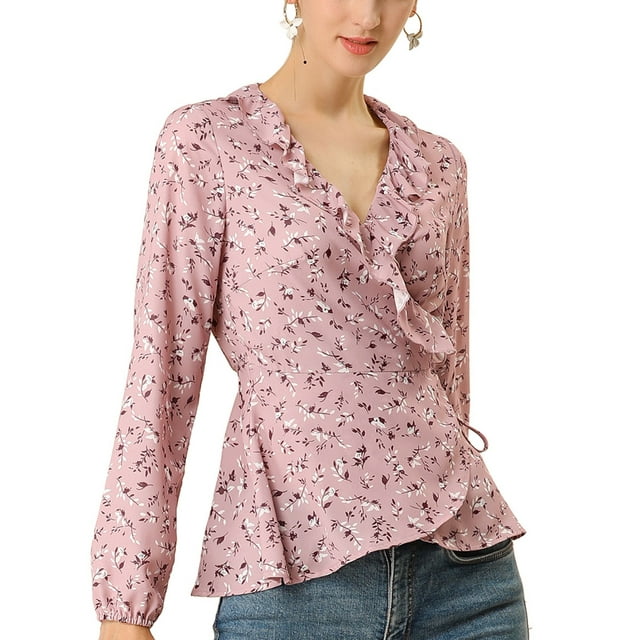 Allegra K Haut à Fleurs à Volants pour Femmes, Col à Nouer, Peplum, L Rose