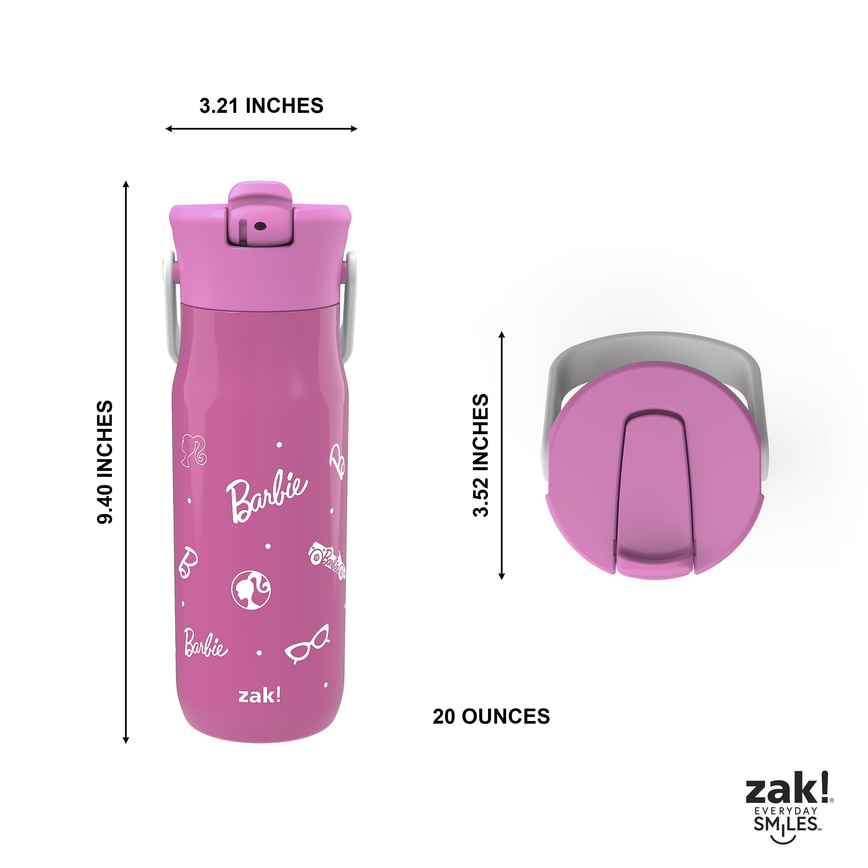 Zak Designs 20oz Harmony Barbie Water Bottle for Travel or At Home, Stainless Steel is Leak-Proof When Closed and Vacuum Insulated with Straw Lid and Carry Handle (Pink)