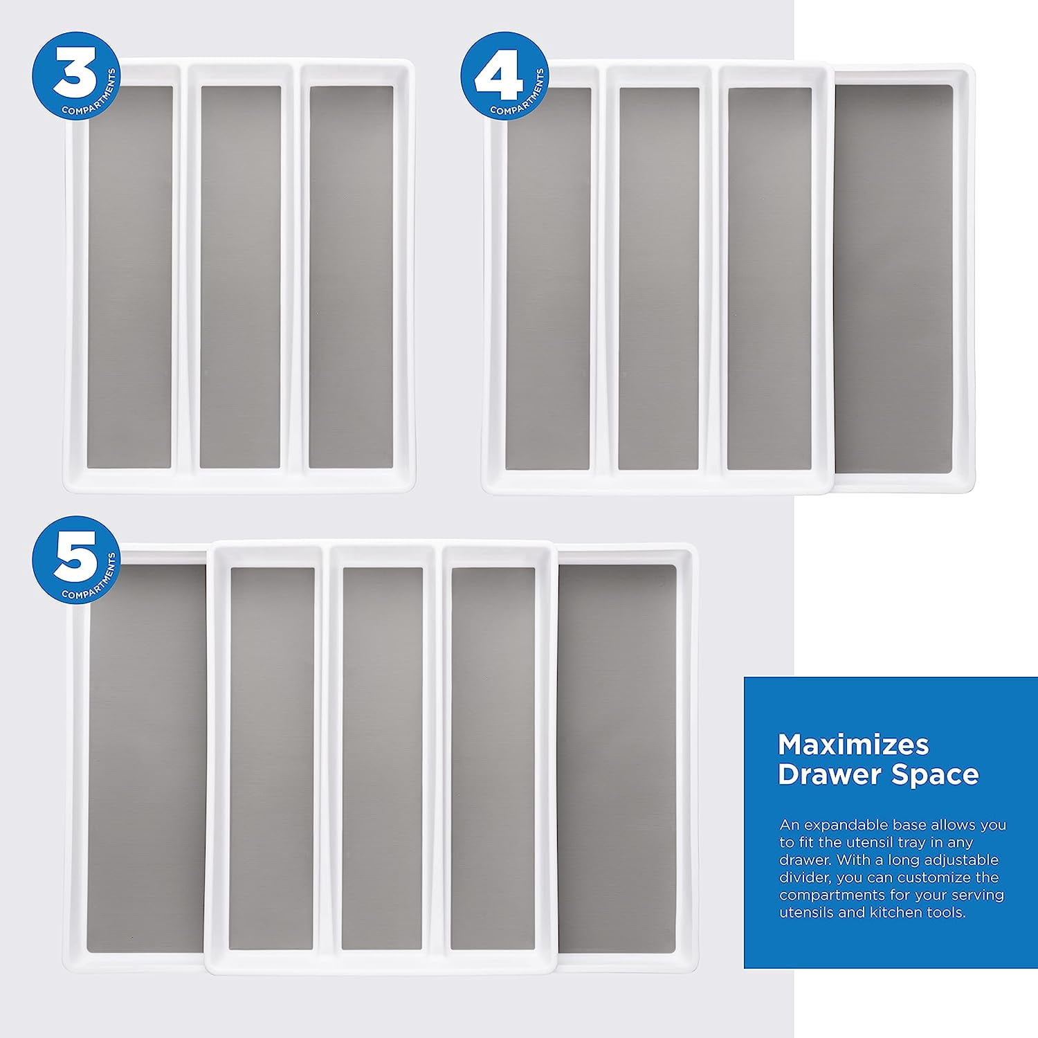Expandable Utensil Tray Drawer Organizer, 5 Compartment Adjustable Serving Utensils Holder, Multi-Purpose Storage for Kitchen, Office, Bathroom Supplies