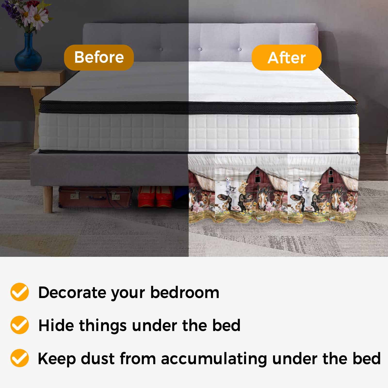 Farmhouse Animals Bed Skirt Queen Size, Cow Pig in Fence Retro Wood Barn Wrap Around Bed Skirting with Adjustable Elastic Strap, Dust Ruffle Pleated Bedskirts 16 Inch Drop for Bedroom Queen Beds