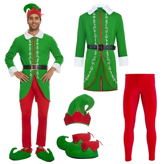 RTOPDS Adult Elf Christmas Costume Set,Halloween Elf Costume for Men,Full Set With Accessories,S