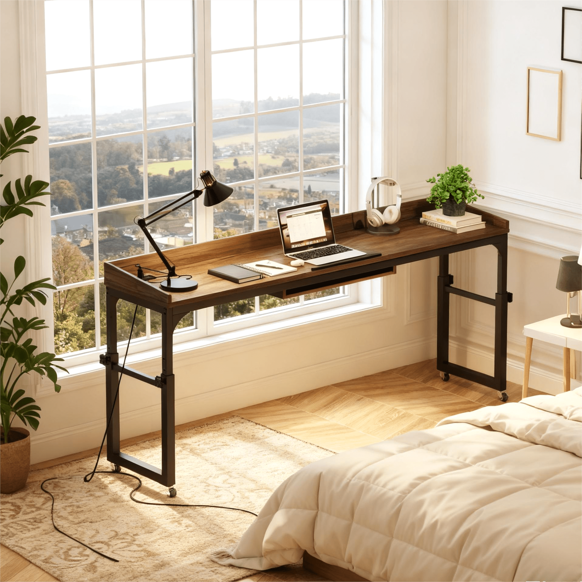 Fnova Overbed Table with Wheels, Height Adjustable Rolling Desk with Power Outlets & USB Ports, Tiltable Stand, for Queen Bed, Laptop Computer, Portable Hospital Home Use