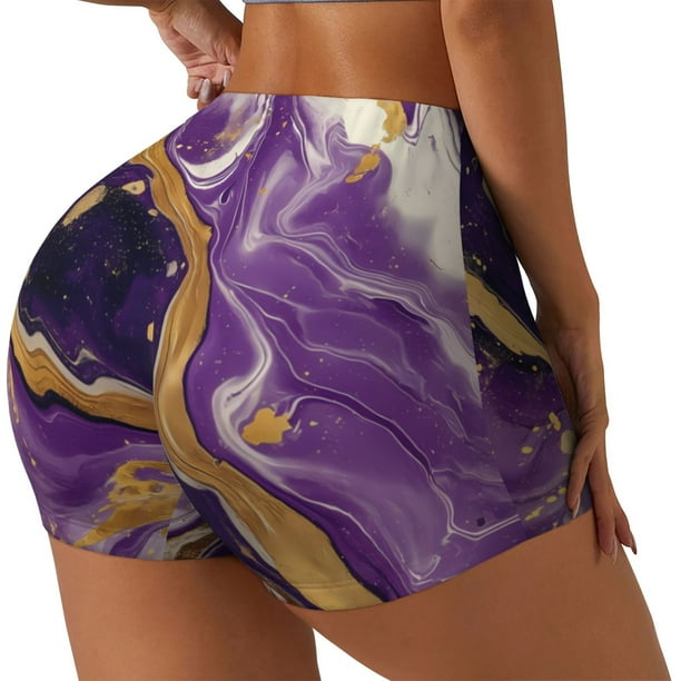 Fotbe Purple Gold Marble Swirls Shorts Sin Costuras – Shorts Deportivos de Cintura Alta para Mujer, Elásticos para Gimnasio, Yoga, Running o Ciclismo-Small