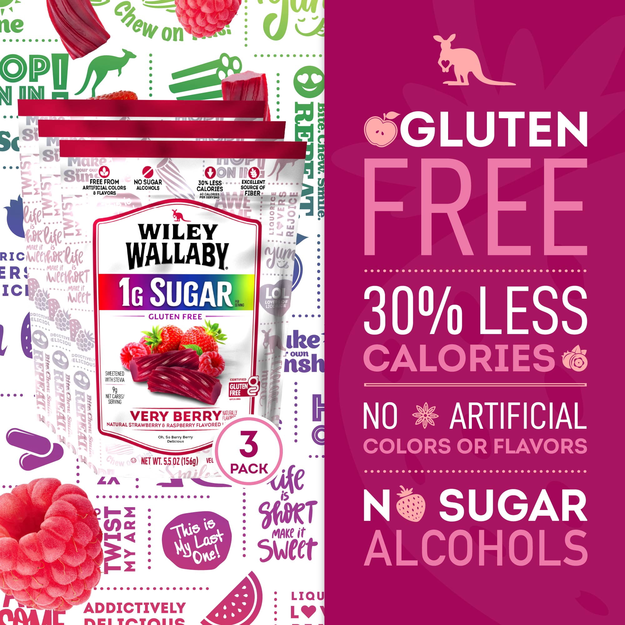 Wiley Wallaby 5.5 Ounce Very Berry Low Sugar Gluten Free Gourmet Australian Style Soft & Chewy Licorice Candy Twists 5.5 Ounce, Pack of 3