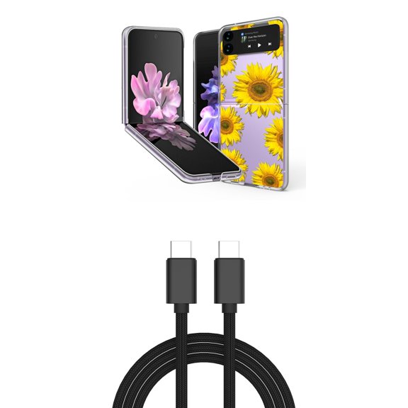 Bemz Premium Bundle for Samsung Galaxy Z Flip 3 5G: Slim Snap-On Protector Case (Sunflowers), PD Power Delivery USB-C to USB-C Cable (3 Feet)