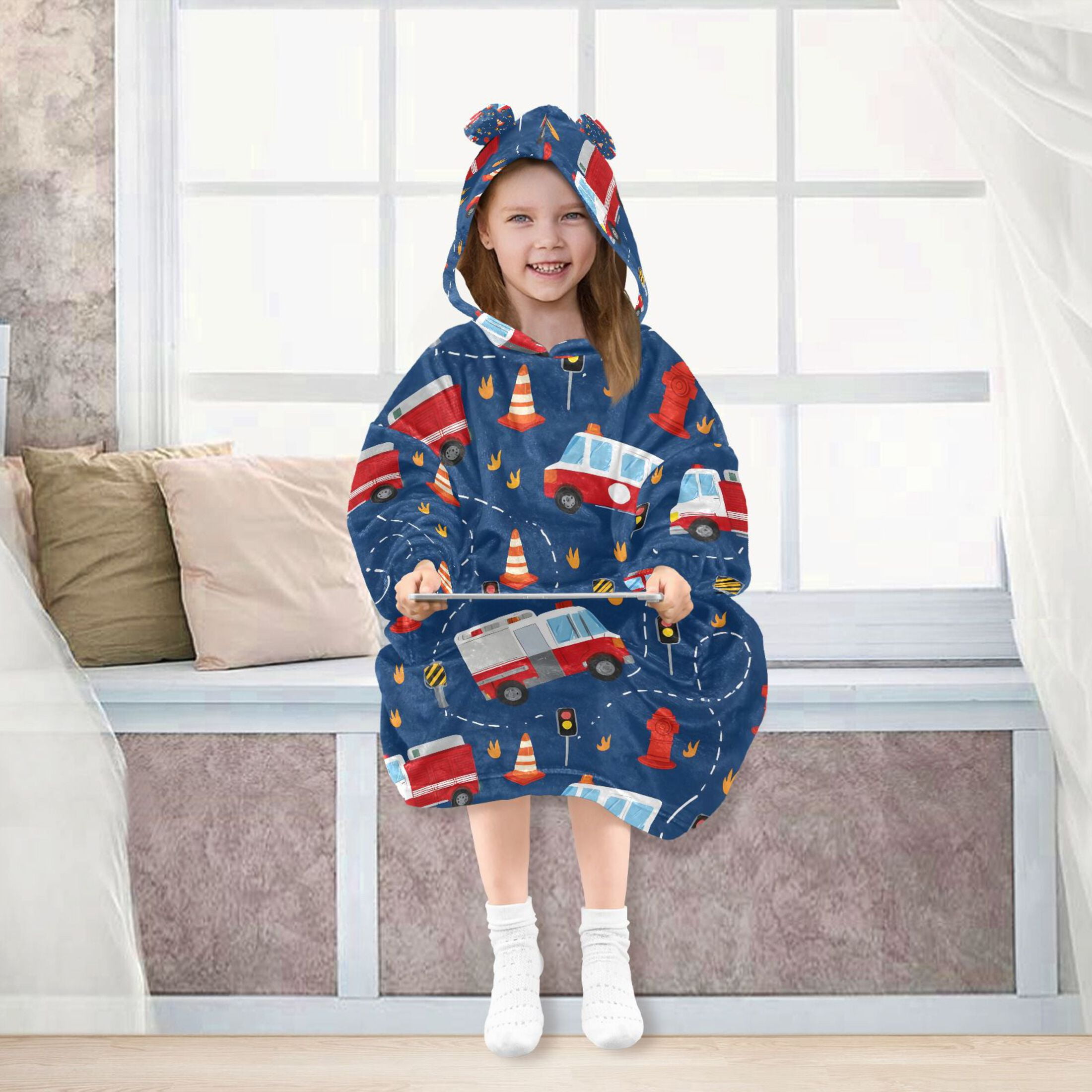 joogoo Blanket Hoodie for Fire Trucks Cartoon Oversize Sweatshirt 3-14 YR L