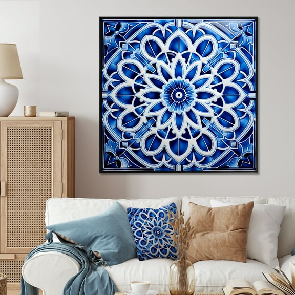 Designart "Moroccan Tiles in White and Blue" Abstract Framed Wall Art - Blue Abstract Geometric Hallway Framed Wall Art Decor