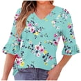 thumbnail image 2 of Qulqfy 3/4 Length Sleeve Tops for Women Floral Spring Dressy Casual Shirts V Neck Fall Ruffle Trim Tops Blouses for Women M, 2 of 7