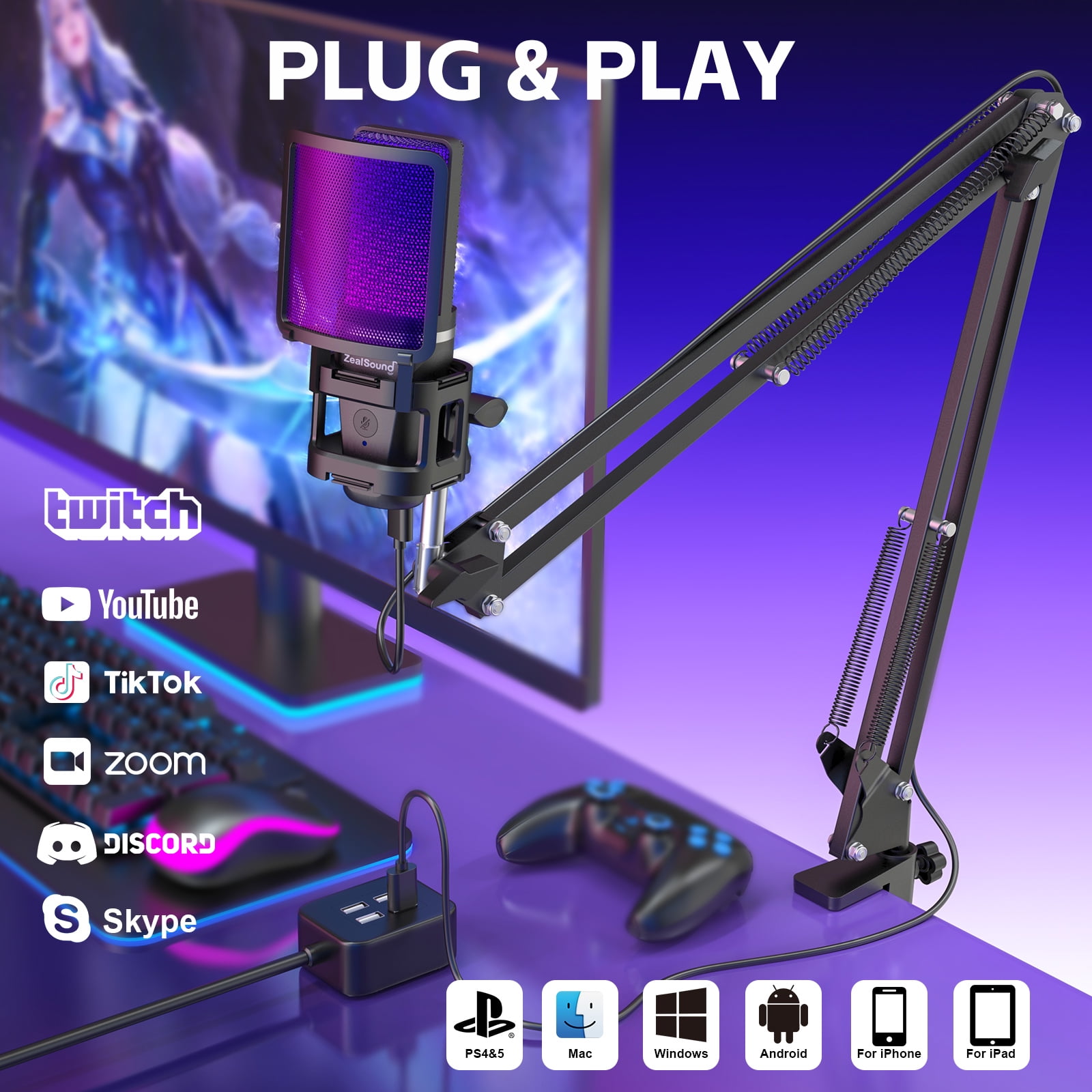 ZealSound Gaming USB Microphone,Noise Cancellation Condenser Mic,3.5mm Headphone,RGB Microphone with Mute,Gain,Monitoring,Boom Arm,Pop Filter for Phone,PC,Computer,Mac,Streaming,Podcast