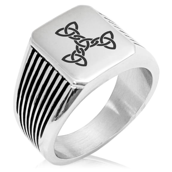 Stainless Steel Celtic Triquetra Interlaced Knot Needle Stripe Pattern Biker Style Polished Ring