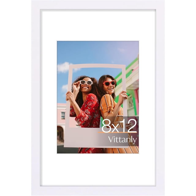 Vittanly 8x12 Picture Frame, Premium Material with Shatter Resistant Plexiglass, Display Pictures 6x8 with Mat or 8x12 without Mat, Photo Frame for Wall or Table Top Display, White, 1 Pack
