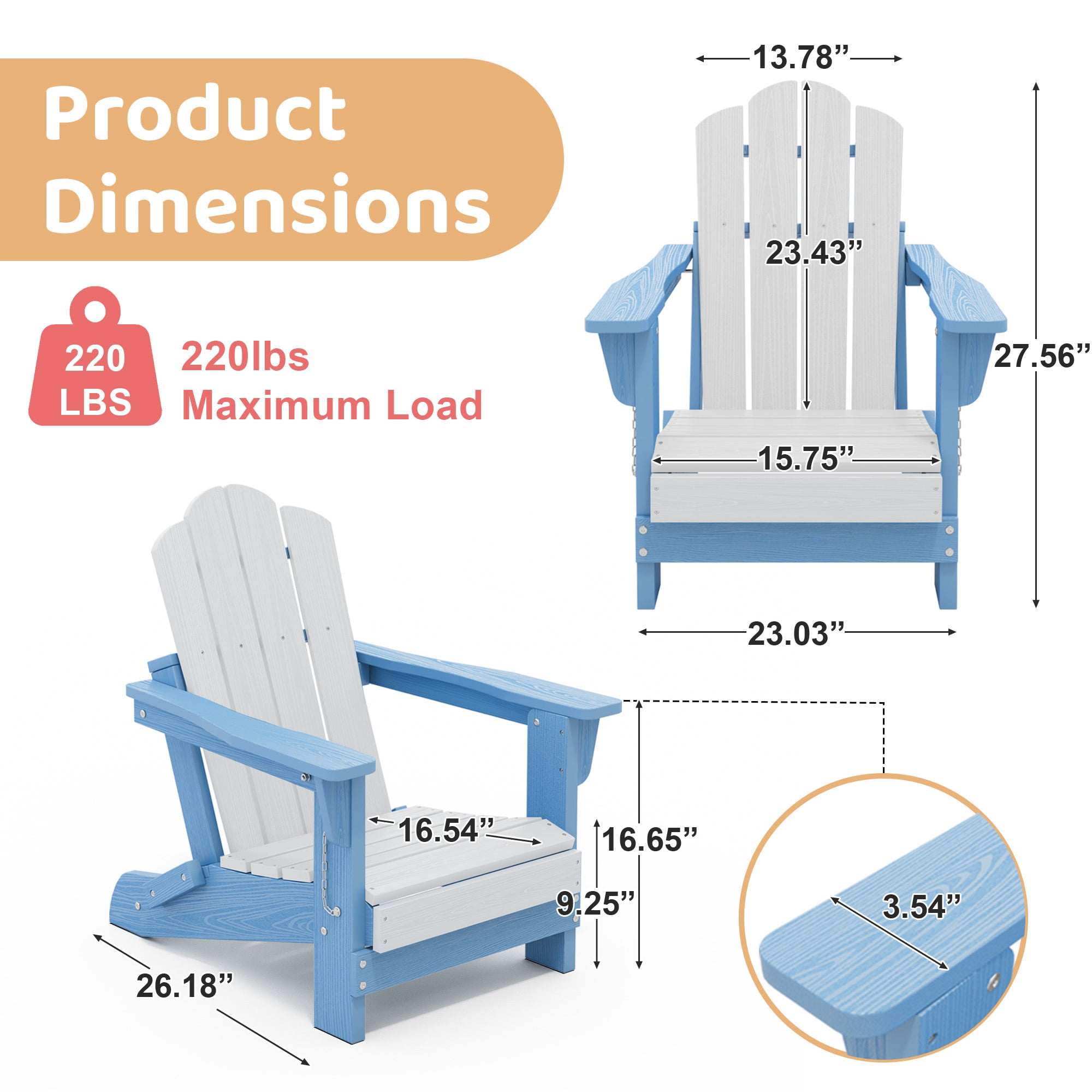 FUNDAZE HDPE Adirondack Outdoor Chair, Foldable & Weather-Resistant Patio Chair for Garden Lawn Deck,Blue and White