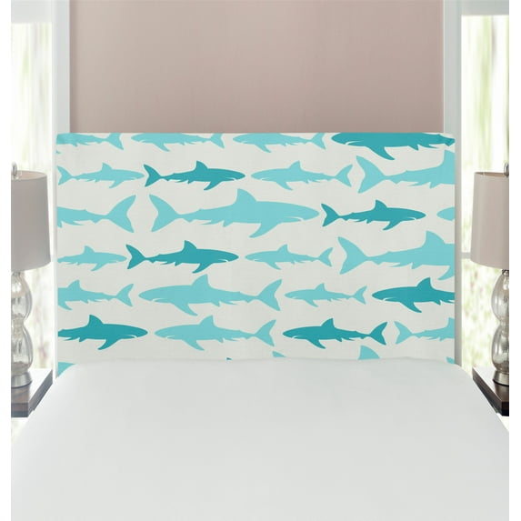 Sea Animals Headboard, Monochrome Shark Illustration Fashion Maritime Illustration Aquatics, Upholstered Decorative Metal Bed Headboard with Memory Foam, Twin Size, Turquoise Beige Teal, by Ambesonne