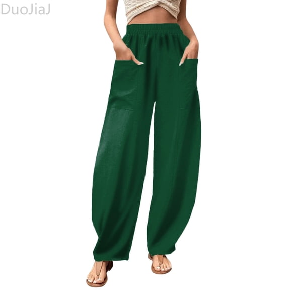 DuoJiaJ Womens Solid Color Casual Pants Trousers Elastic Waist Pockets Wide Leg Trousers Women's Lounge Pants Green S
