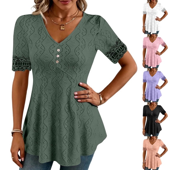 Summer Tops for Women Dressy Hollow Out Eyelet Short Sleeve T Shirt Trendy Casual V Neck Flowy Going Out Blouse, XL