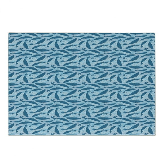 Whale Cutting Board, Big Blue Animals on Dotted and Swirled Abstract Underwater Background, Decorative Tempered Glass Cutting and Serving Board, Small Size, Pale Blue Violet Blue, by Ambesonne