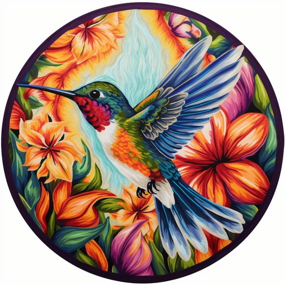 Latch Hook Round Rug Kits Hummingbird and Flowers for Beginner Needle Crochet Yarn Kits Embroidery Carpet Hook and Latch Kit Tapestry Home Decoration 50x50cm(4)