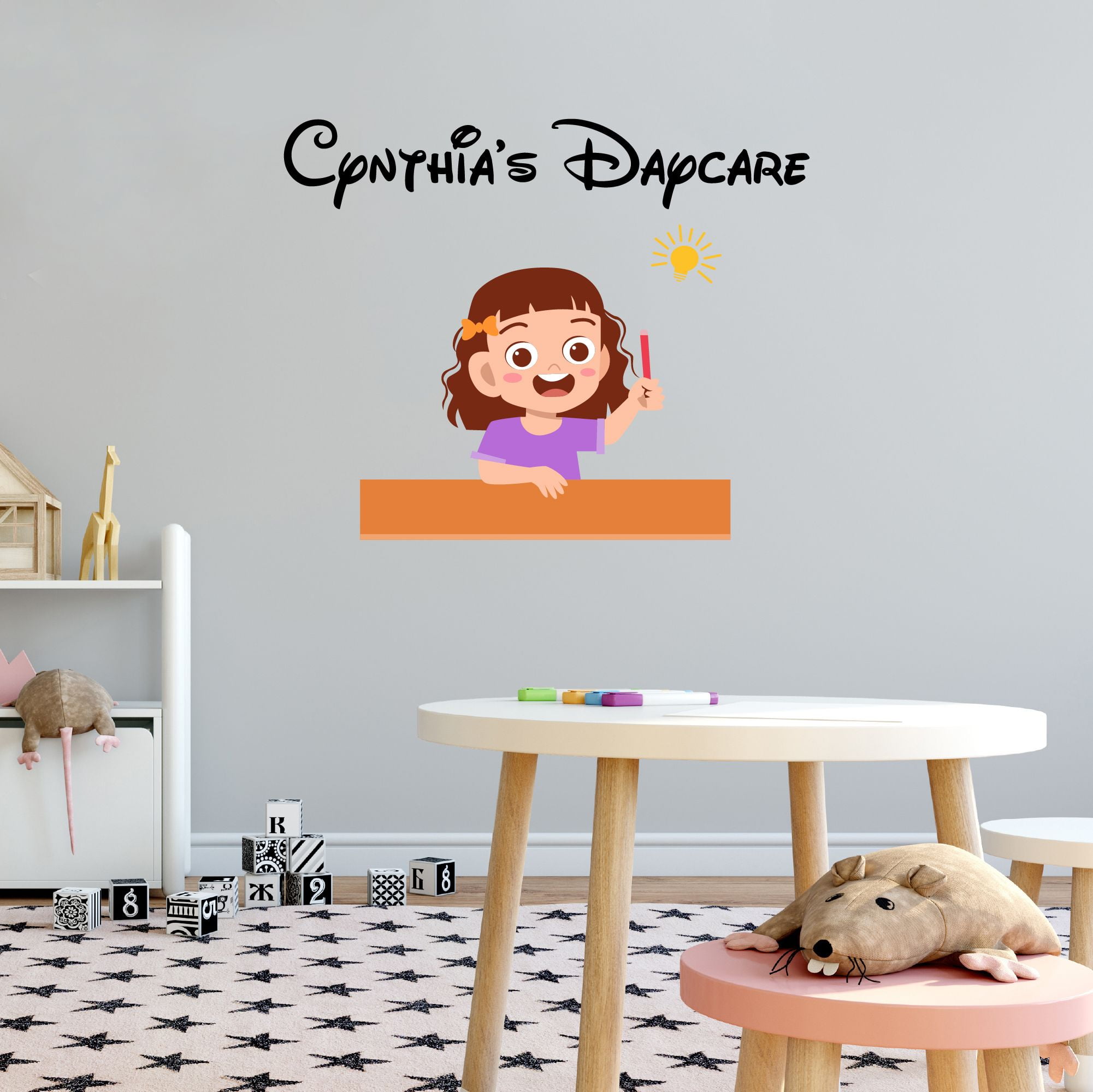 Personalized Name Day Care Wall Decal Happy Cute Little Girl Thinking Ideas Daycare Wall Decal