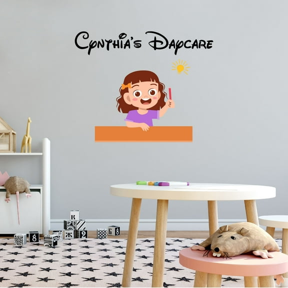 Personalized Name Day Care Wall Decal Happy Cute Little Girl Thinking Ideas Daycare Wall Decal for Care Taker Education Cute Themed Room Décor - Size: 10 In x 8 In