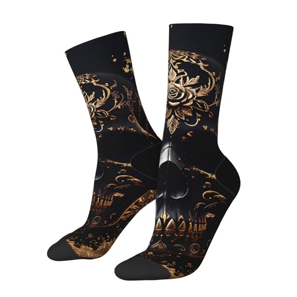 Balery Gold Pattern Black Skull Calcetas Largas con Estampado para Hombre y Mujer – Suaves y Transpirables, Talla Única (US 5-11)