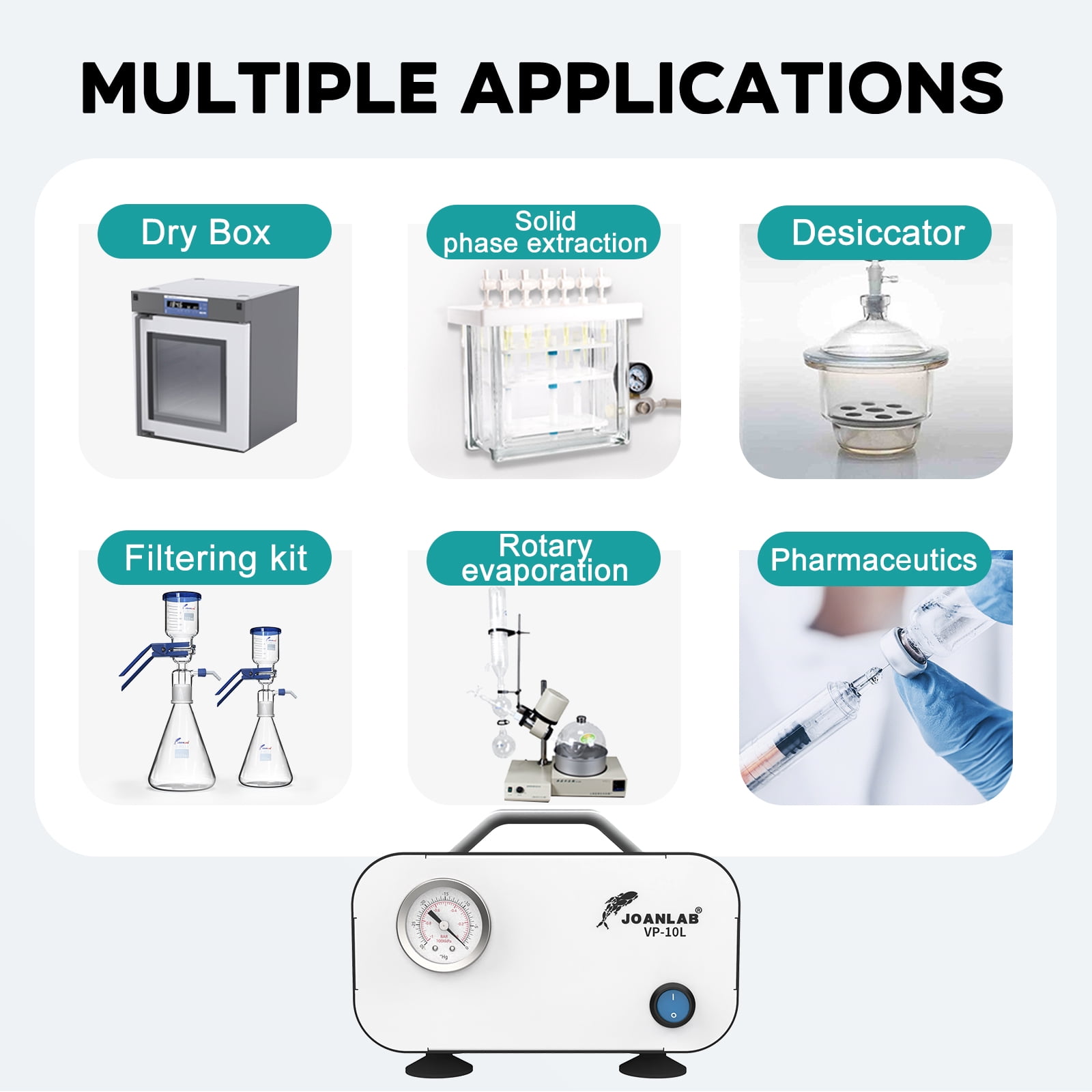 LAB FISH Oil-Free Diaphragm Vacuum Pump, 10L/min 0.075Mpa, Portable Laboratory Vacuum Filtration Pump with Rubber Hose, 110V, Maintenance-Free