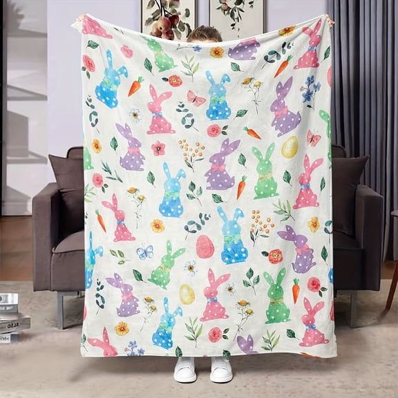 Easter Blanket with Colorful Rabbits And Eggs, a Soft And Warm Fleece Throw Perfect for Home, Travel, Or Outdoor Use.